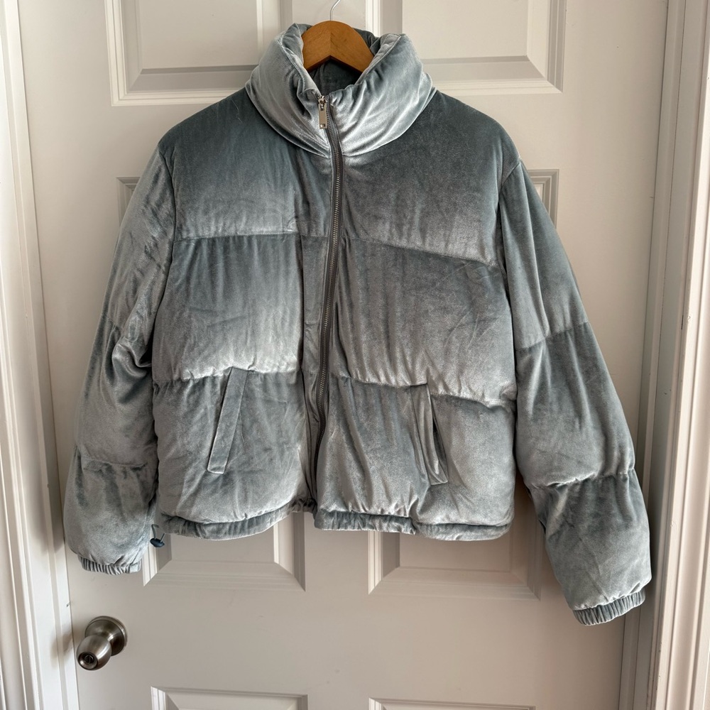 TCEC Blue Skies Velvet Puffer Coat Dusty Blue Size Large NWT - Picture 4 of 5